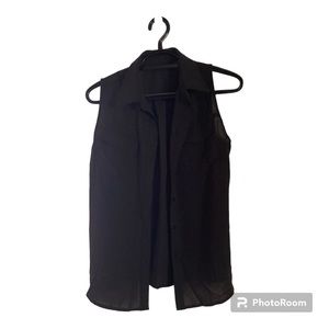 NEW Casual Black Blouse, Button Down, Solid Lapel, Sleeveless XL